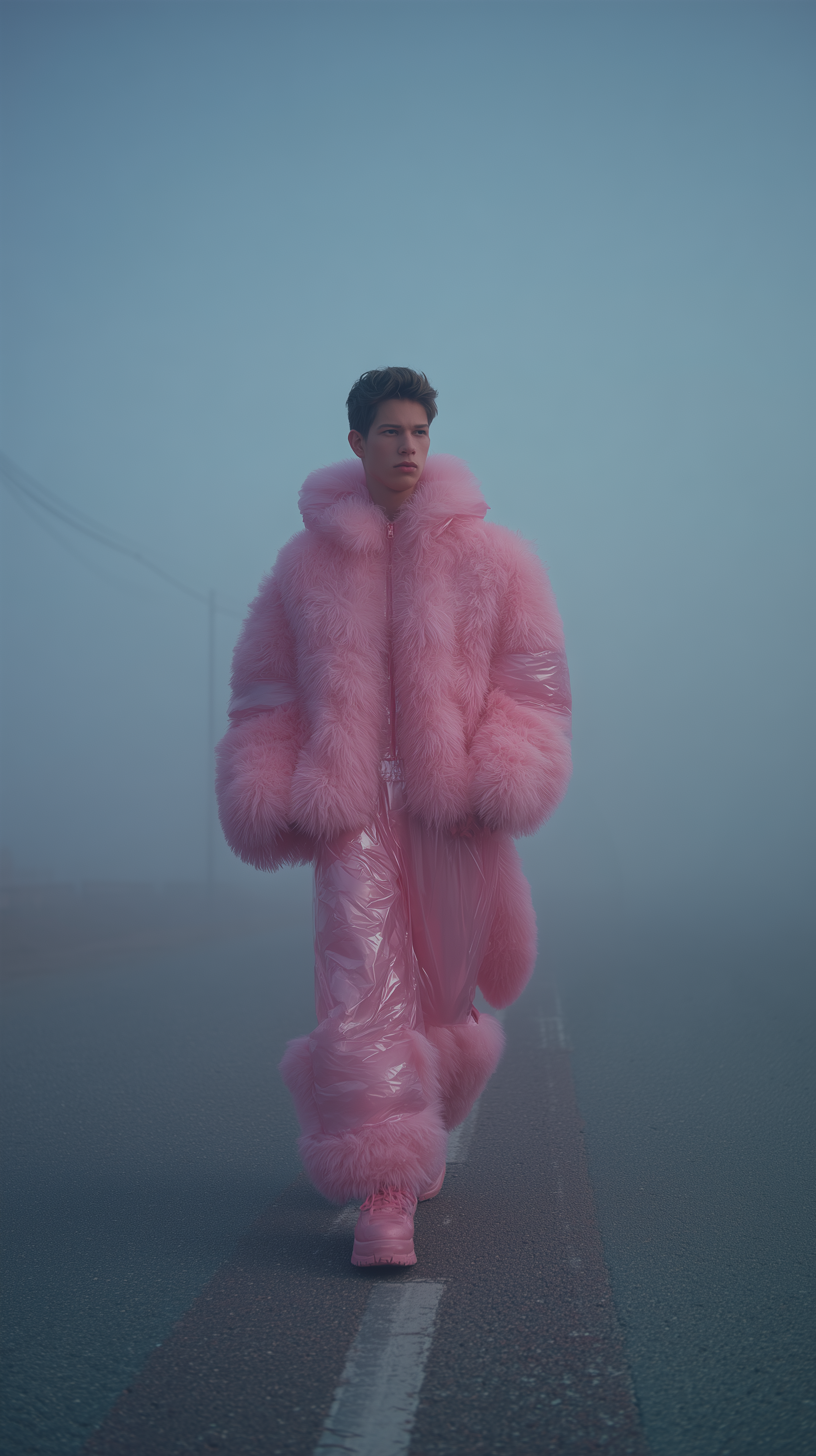 Midjourney Shatter prompt: fashion photography, man model in full-body, front central view, wearing an over...