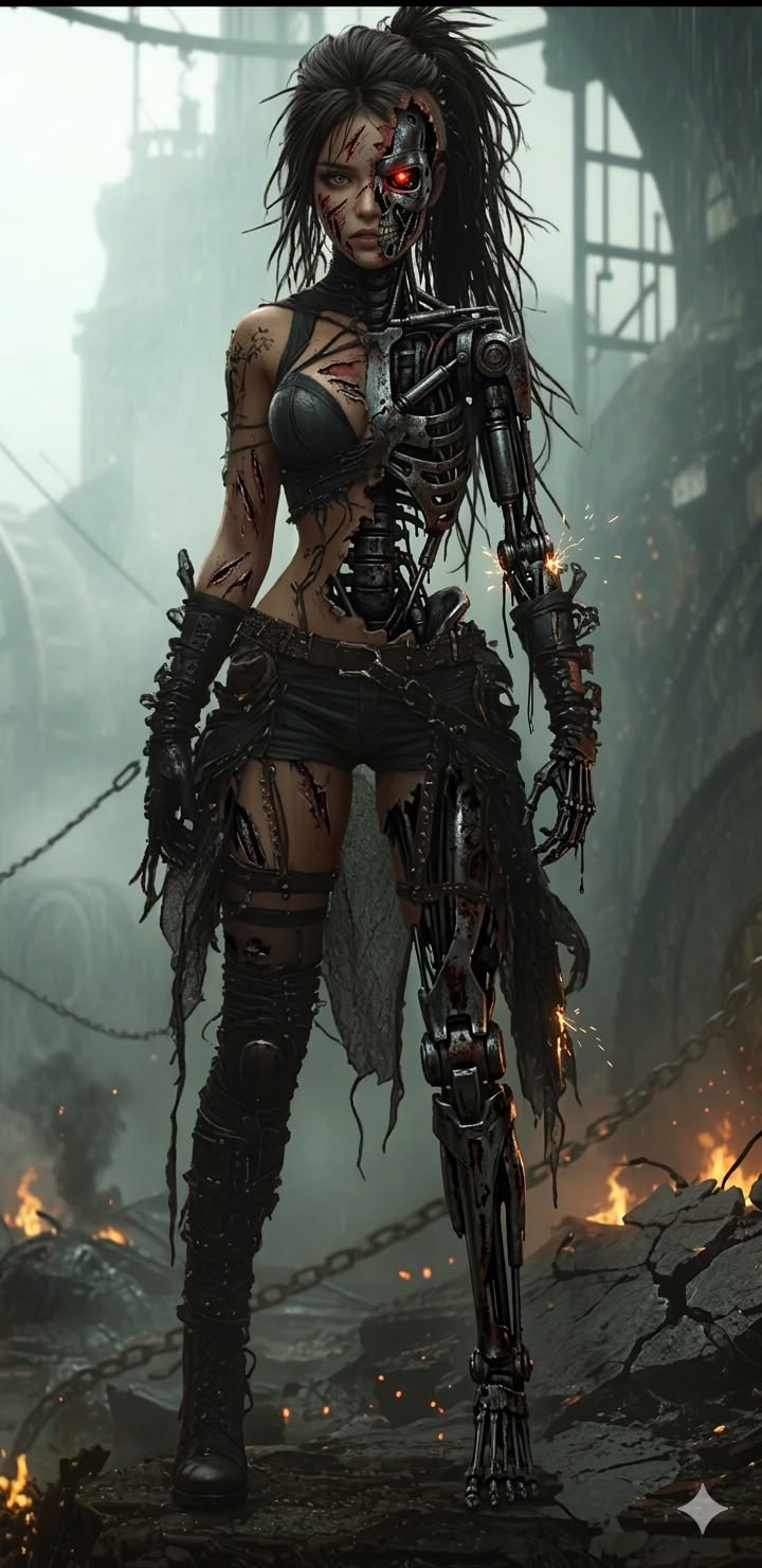 AI image prompt: Full-body cinematic shot of a battle-damaged female cyborg standing in a scorche...