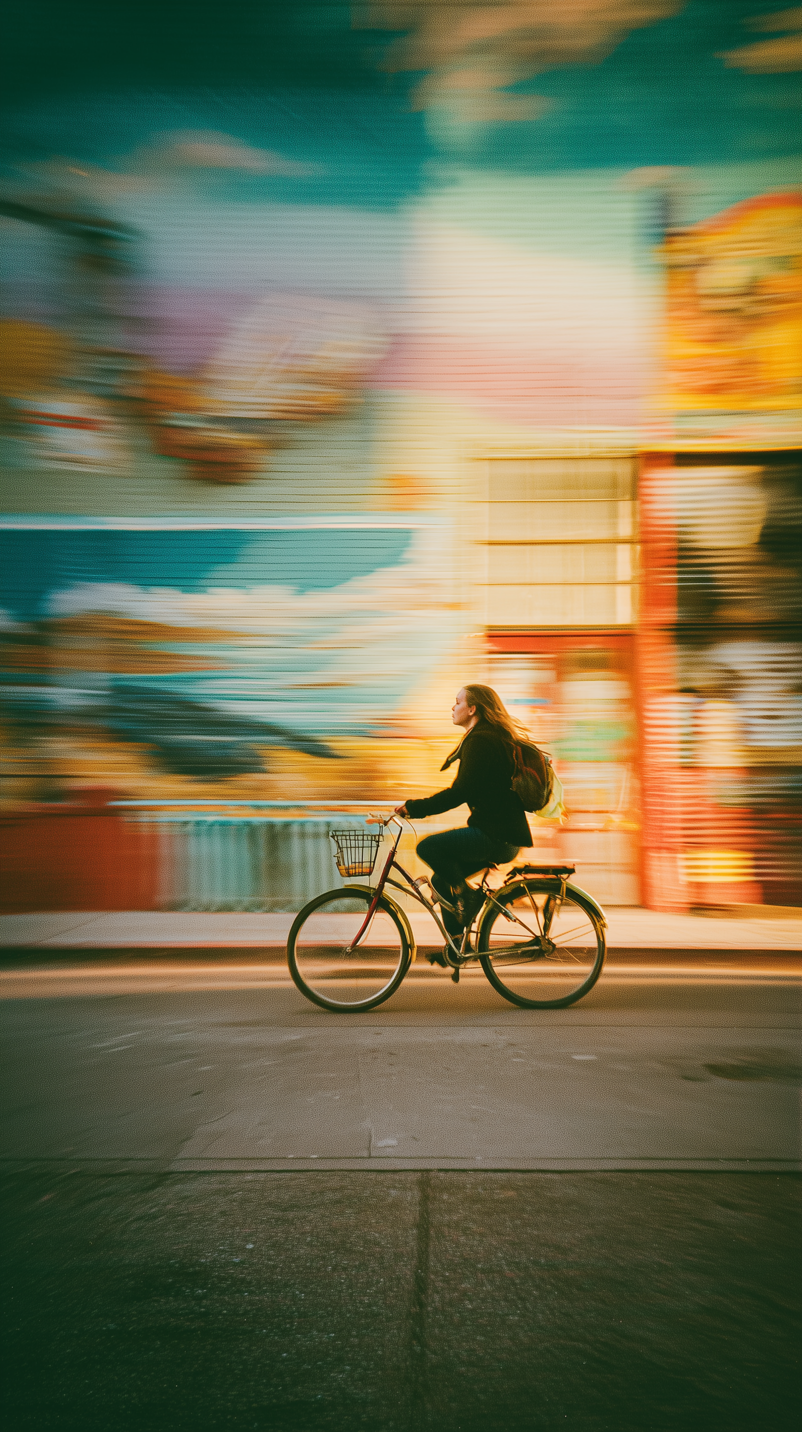 Midjourney Shatter prompt: urban winter film photography, woman biking past murals, vintage winter colors, ...