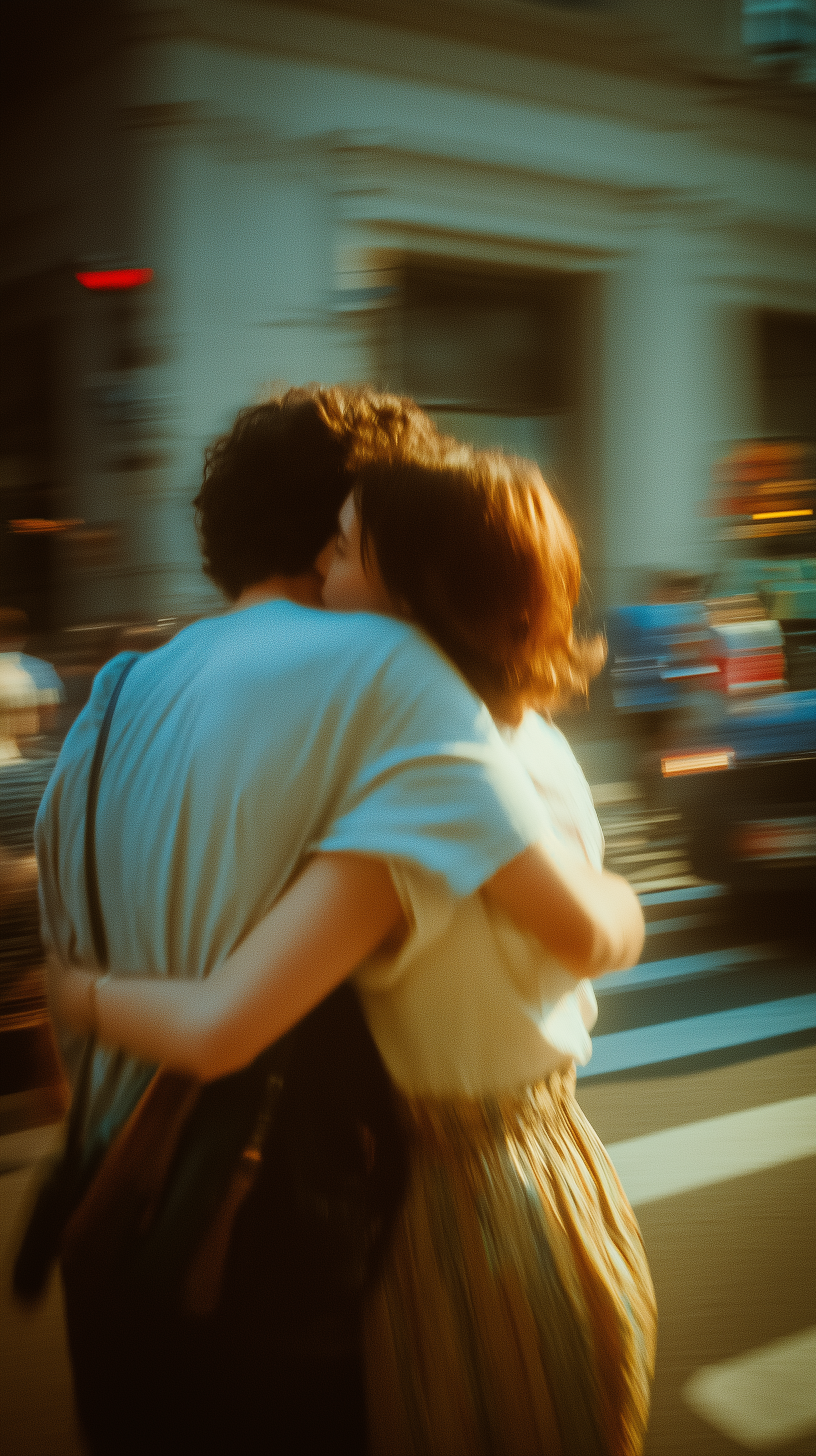 Midjourney Shatter prompt: high resolution photography, candid shot, couple, hugging, at a complicated stre...