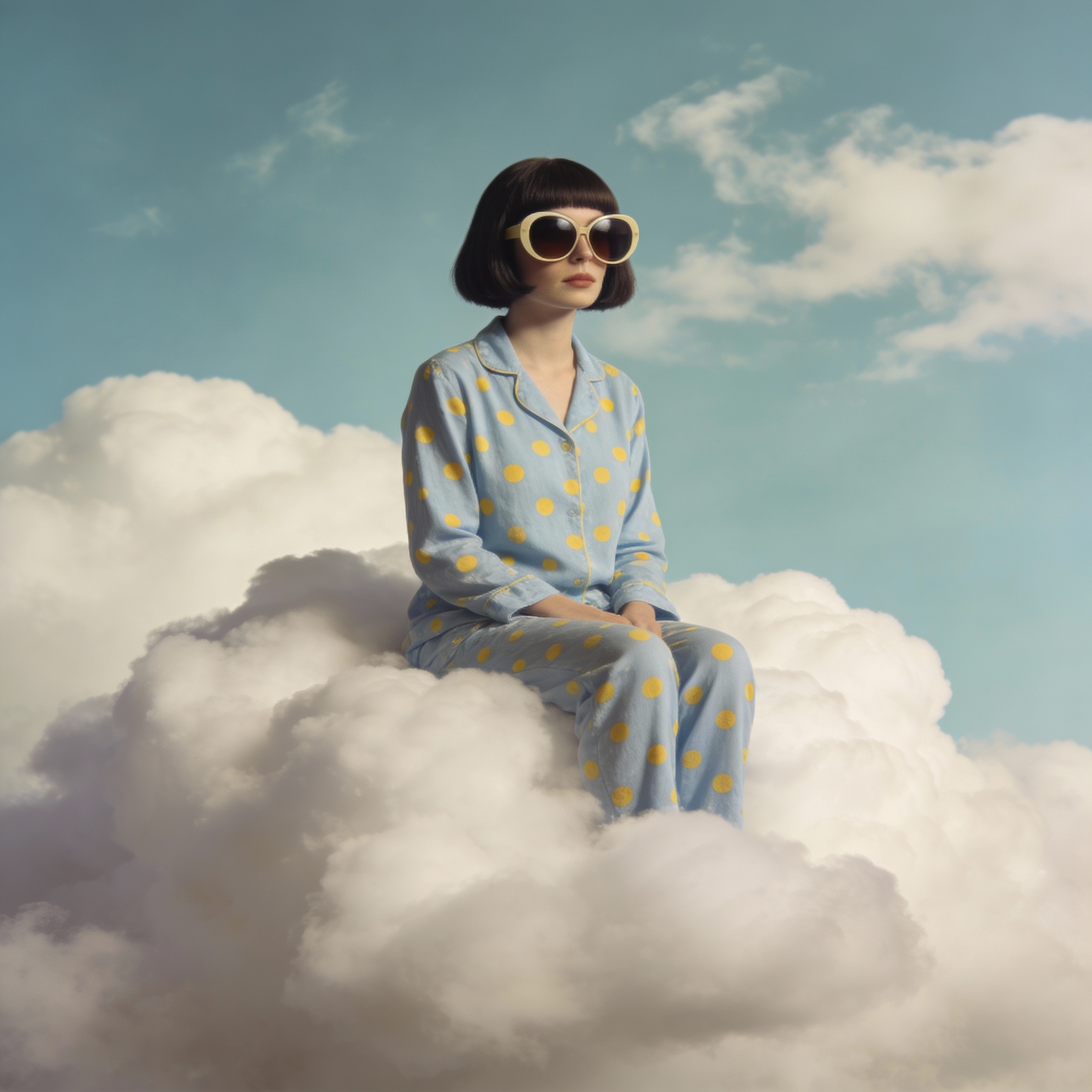 Seedream 4 prompt: A photo of an eccentric woman sitting on top of white fluffy clouds wearing big ...