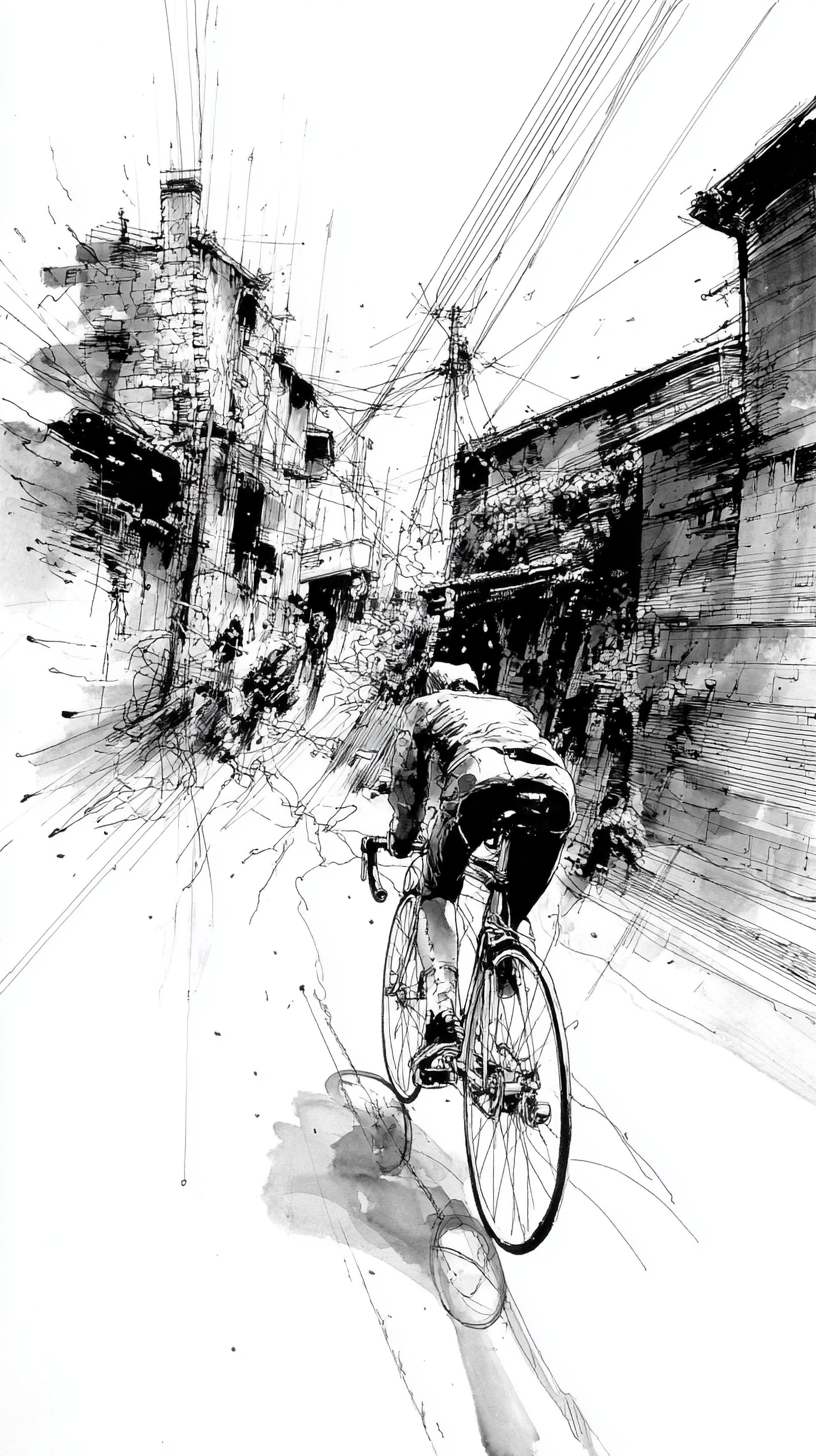 Midjourney Shatter prompt: urban cyclist, sumi-e with dark grey ink, illustrating speeding through a rainy ...