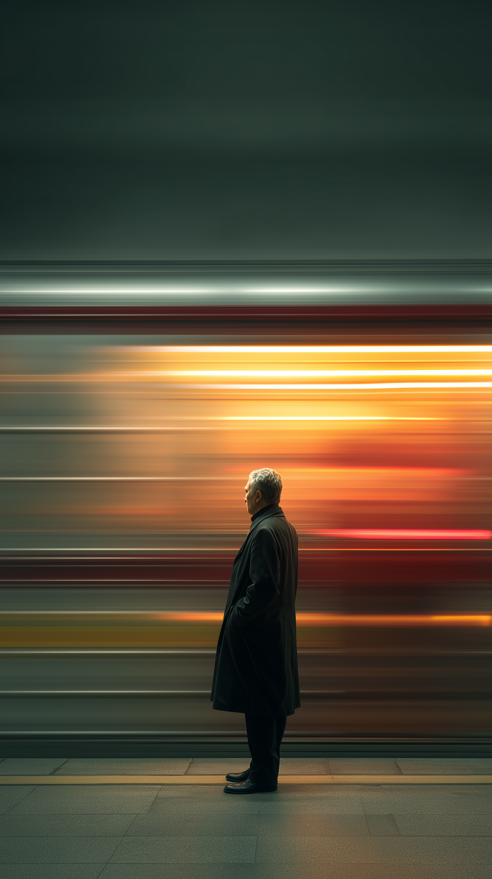 Midjourney Shatter prompt: depict a man in a dark coat standing still at a subway platform as a blur of a f...