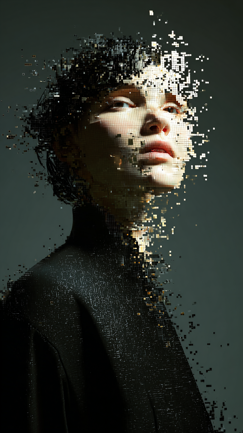 Midjourney Shatter prompt: portrait of a woman, front shot, gaze, avant-garde styled, wearing a minimalist ...