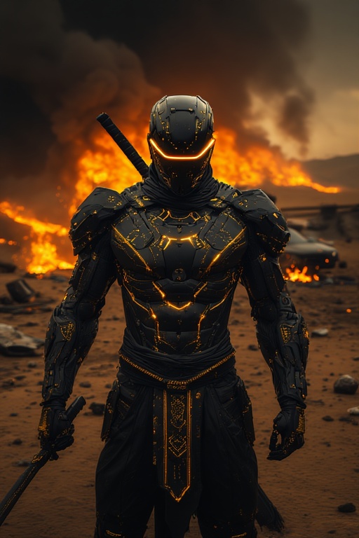 Juggernaut prompt: A futuristic ninja warrior standing confidently in a desolate, post-apocalyptic ...