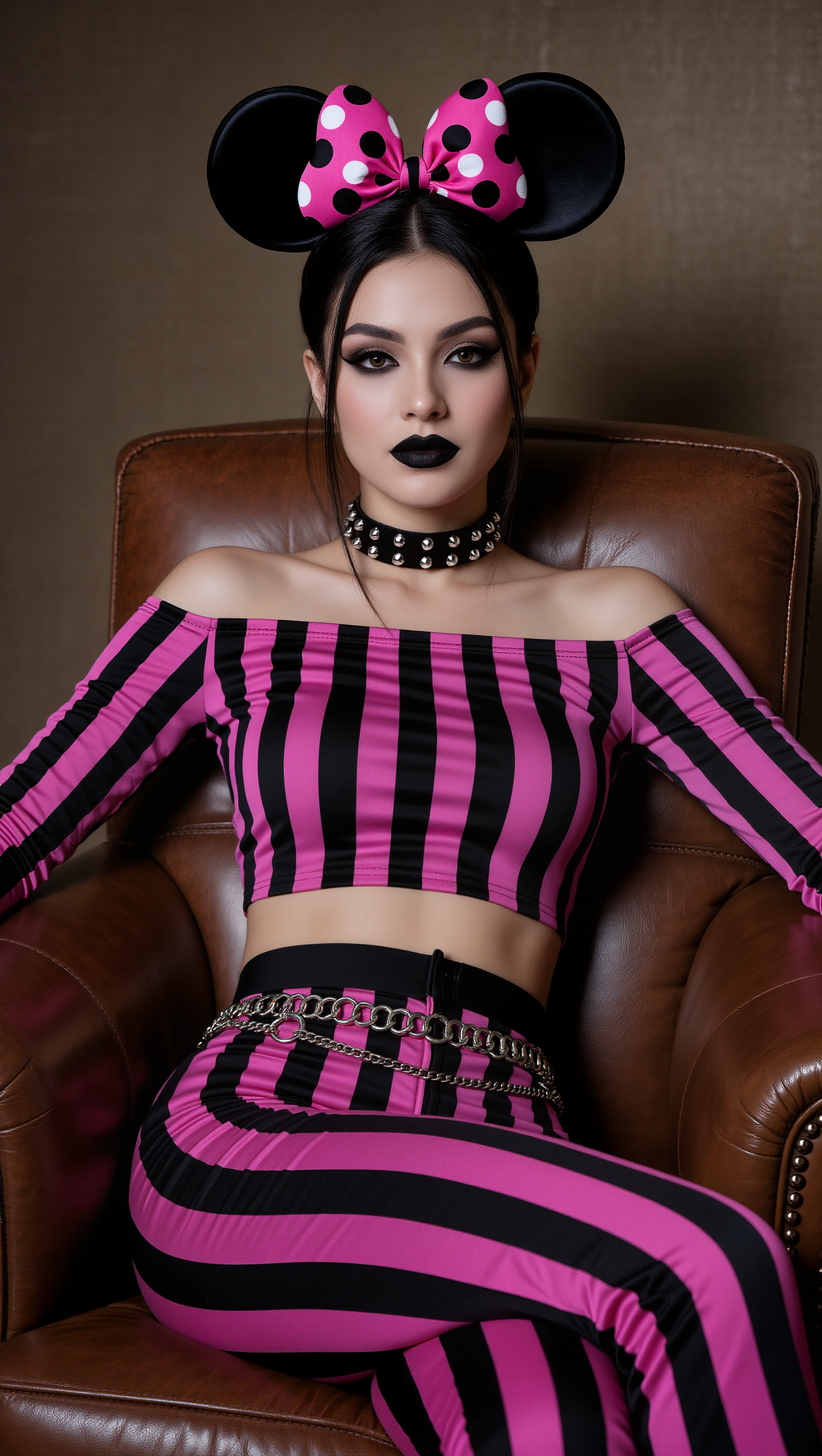 AI image prompt: A young Caucasian woman with striking makeup and black hair, styled with a pink ...