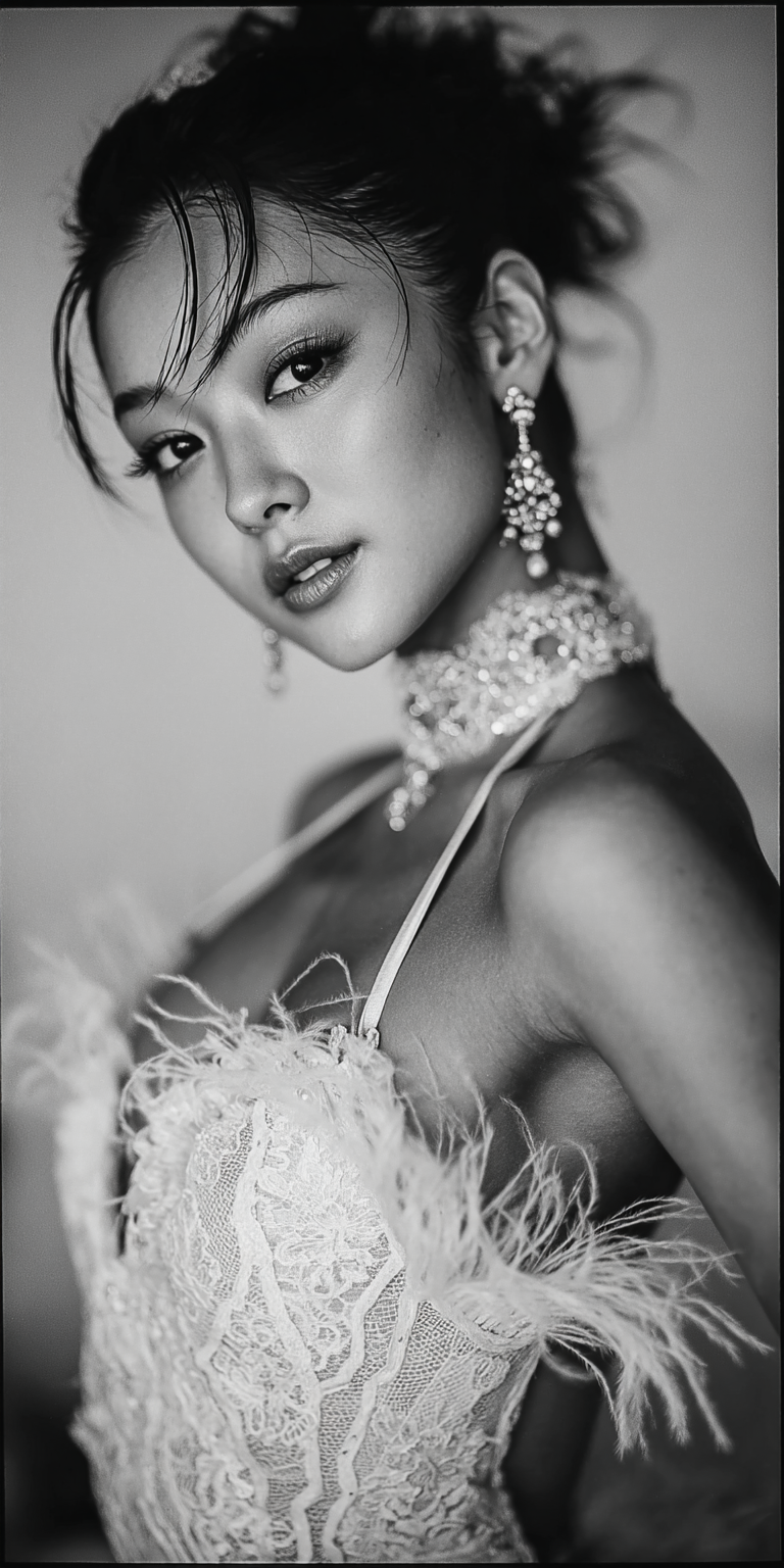 Midjourney Papercut prompt: a black-and-white studio portrait of a Japanese ballerina, with 35mm film grain,...