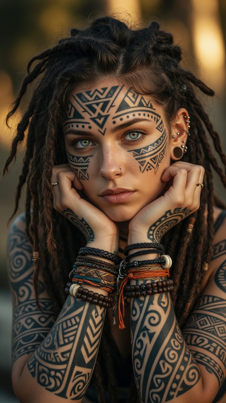AI image prompt: A stunningly beautiful young woman with striking light blue-green eyes, intense ...