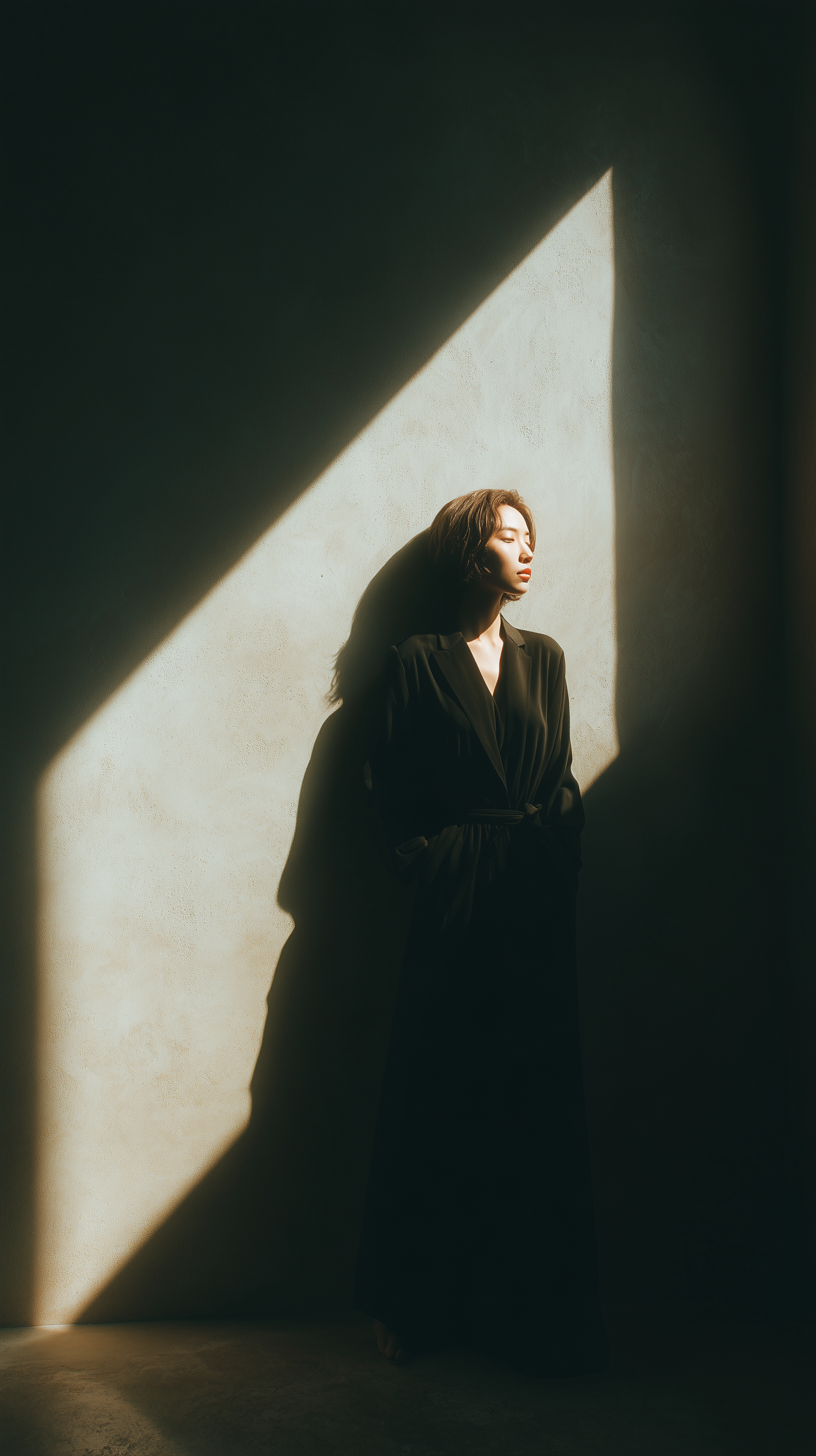 Midjourney Shatter prompt: photography, woman, minimalist scene, standing side with 45 degree head and gaze...