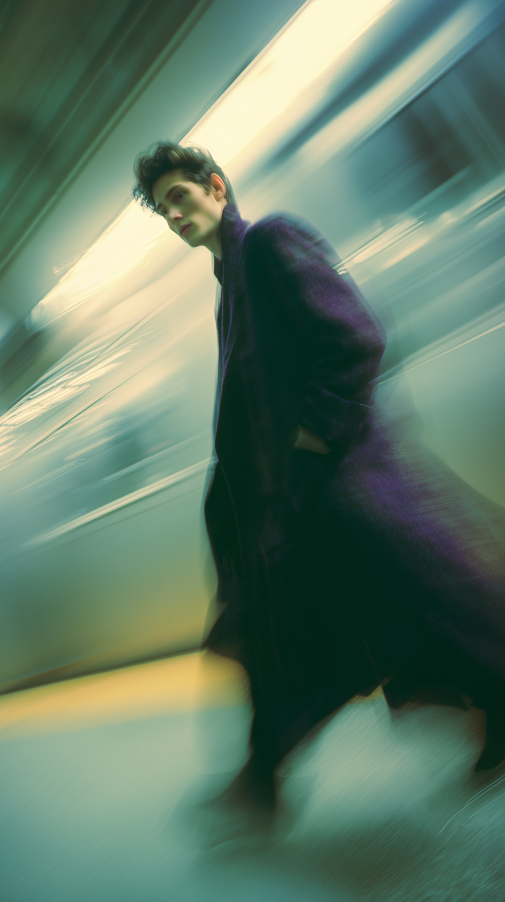 Midjourney Shatter prompt: fashion editorial photography, motion blur, male model, wearing an wool coat, de...