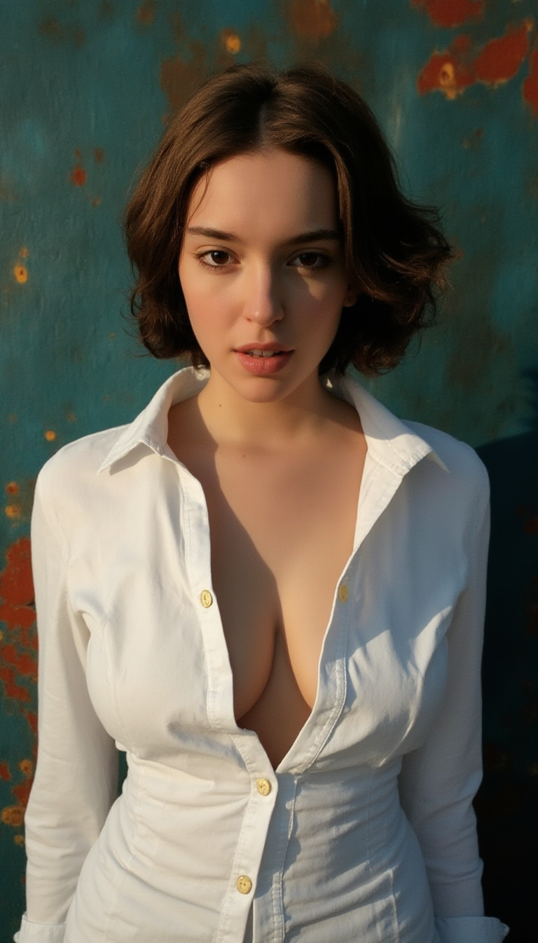 FLUX prompt: A fit adult woman with short, wavy brown hair stands against an abstract backgro...